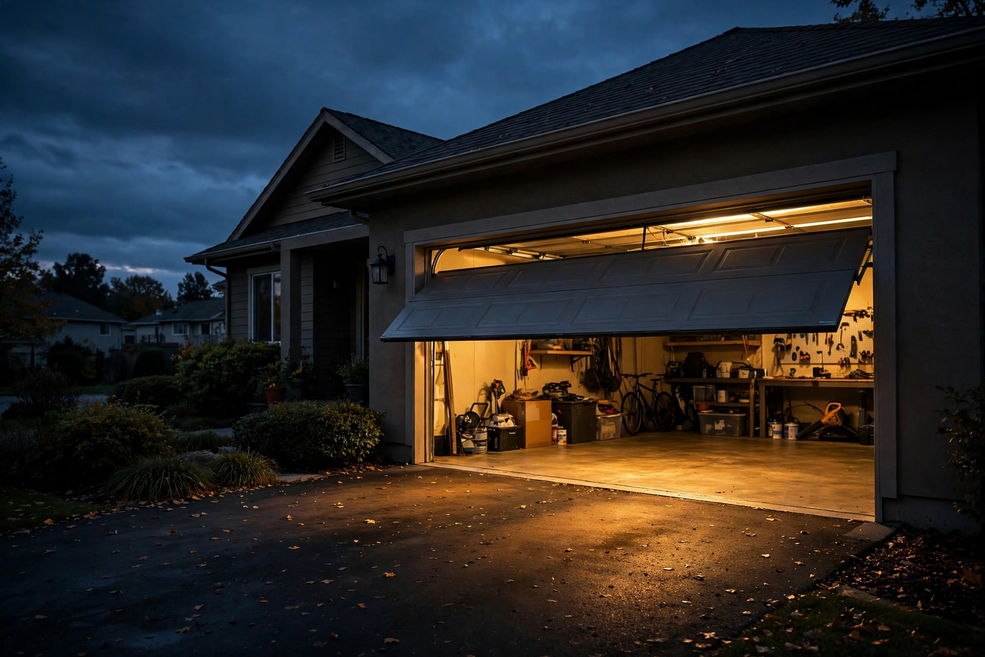 A garage door glowing open at dusk, warm light spilling onto the driveway