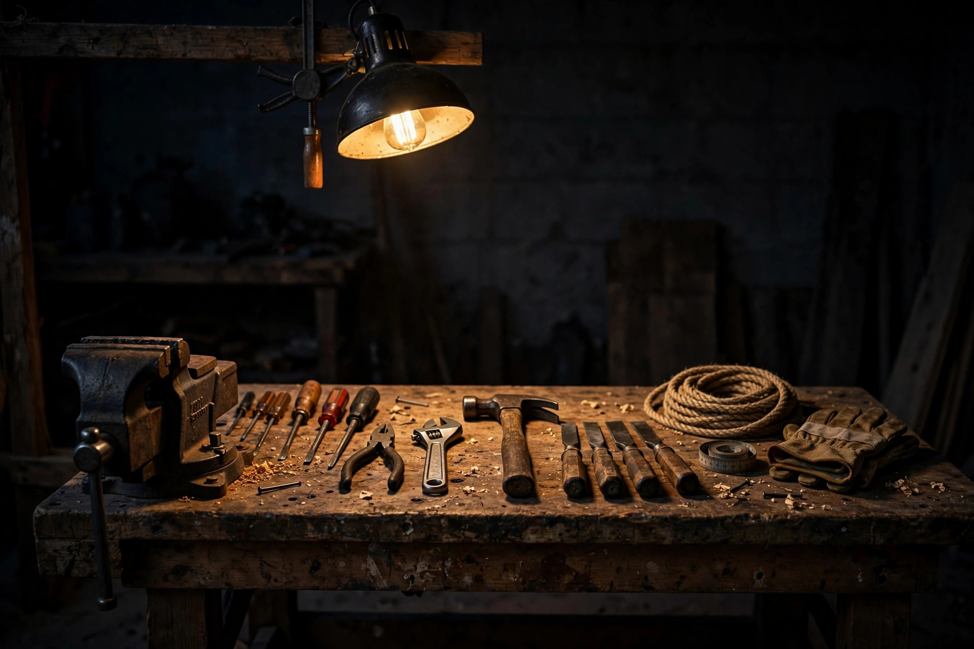 A well-worn workbench with hand tools under a warm work lamp